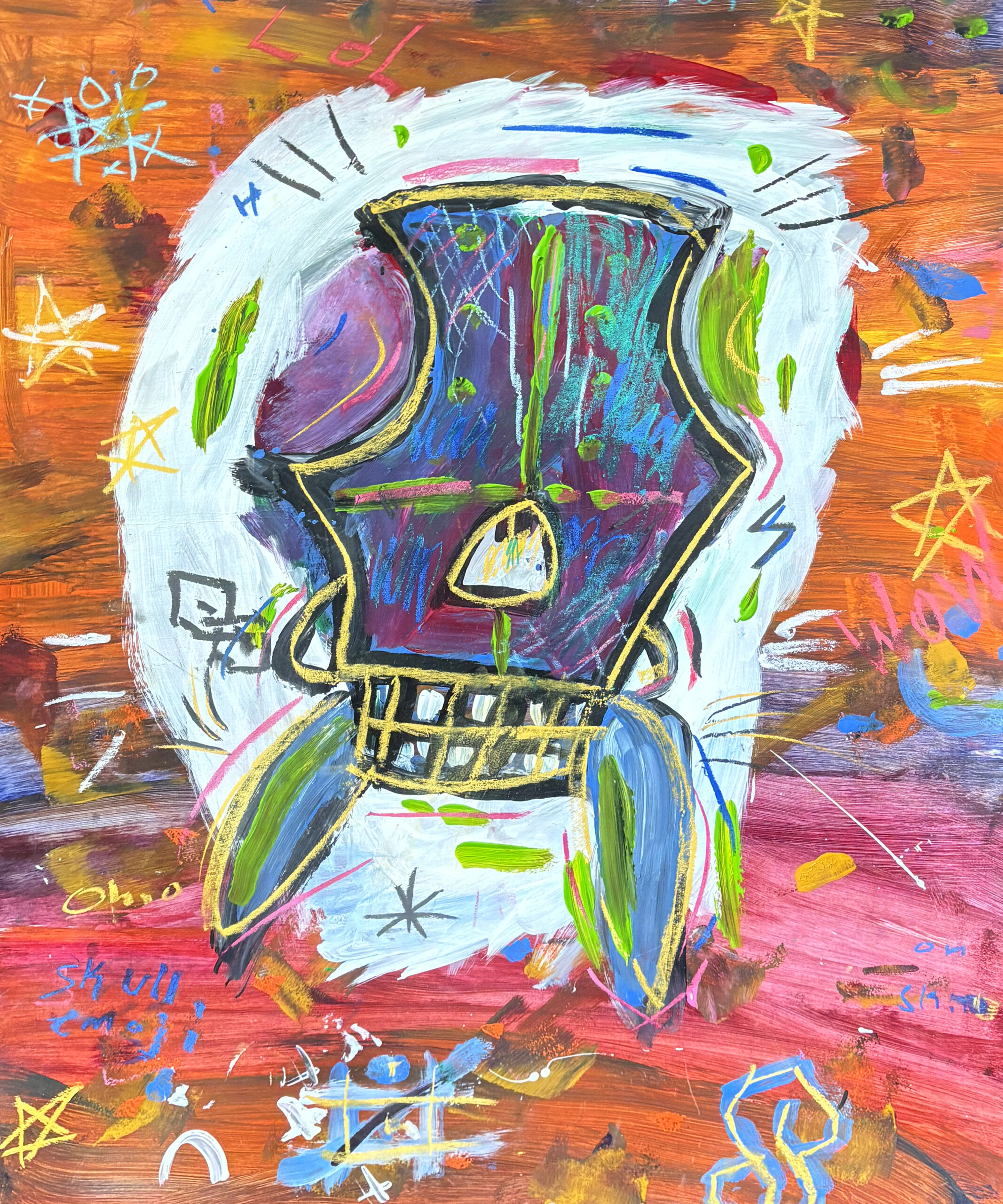 Detail of mixed media fox painting inspired by Basquiat